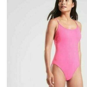 Athleta One Piece Swimsuit Womens Large Bright Prism Pink Neon Strappy Ties
